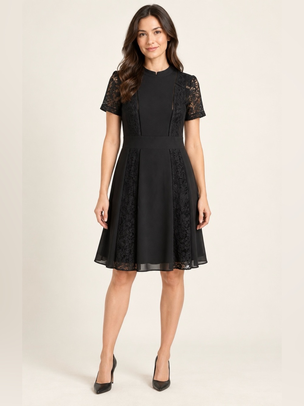 Molly Bracken Premium Black Lace Panel Short Sleeve Dress Size M
